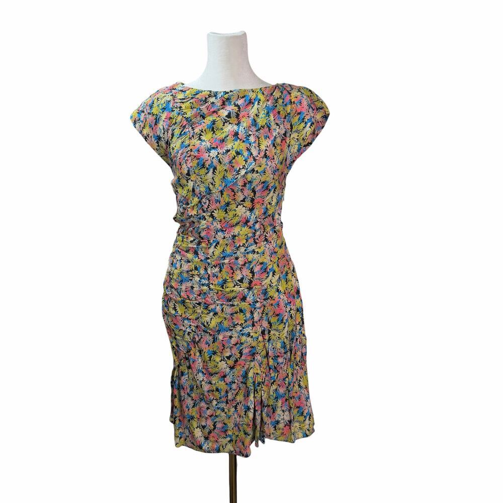 New Joie Leyna Ruched Floral Caviar Multi Mini Dress Size 8